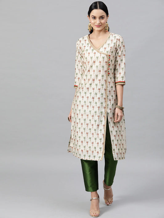 Women Cream-Coloured & Green Kurta Set