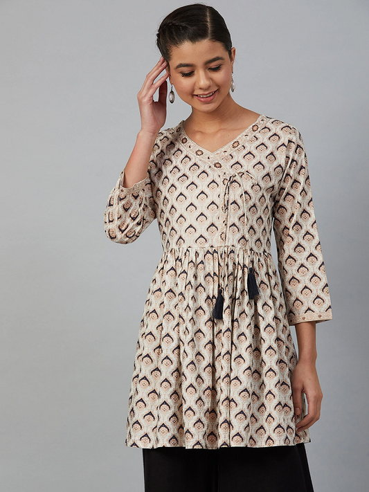 Women Cream- Coloured & Navy Blue Printed Angrakha A-Line Kurti
