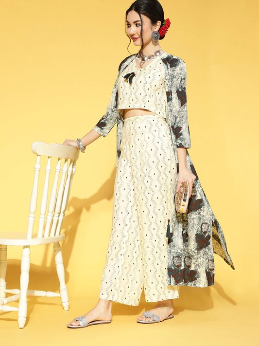 Women Cream & Grey Geometric Printed Kurta Set