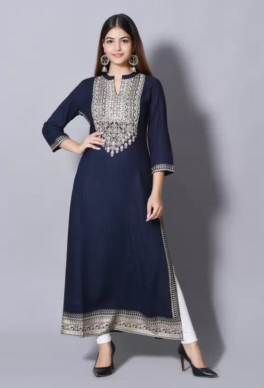 Women Dark Blue Embellished A-line Kurta