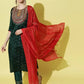 Women Dark Green Embroidered Silk Blend Kurta set