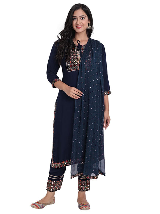 Women Navy Blue Embroidered Kurta Pant & Dupatta Set