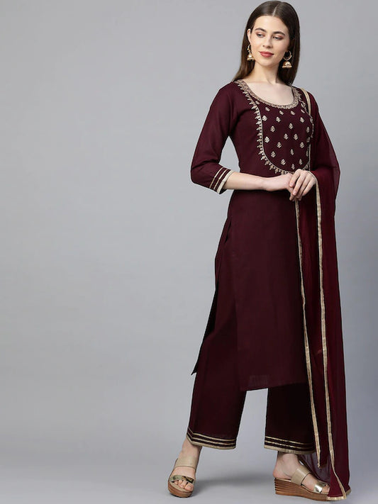 Women Cotton Maroon Embroidered Kurta set