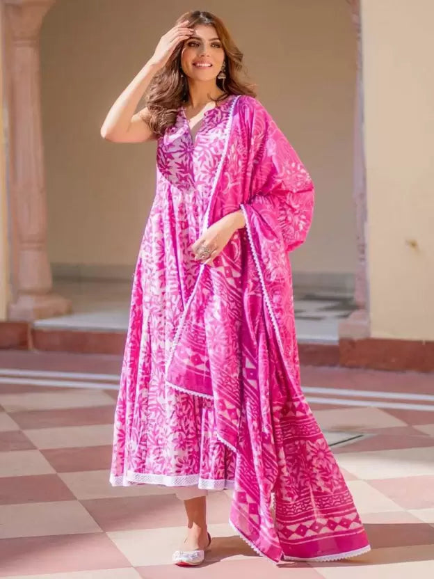 Women Floral Print Pure Cotton Anarkali Kurta With Attached Dupatta