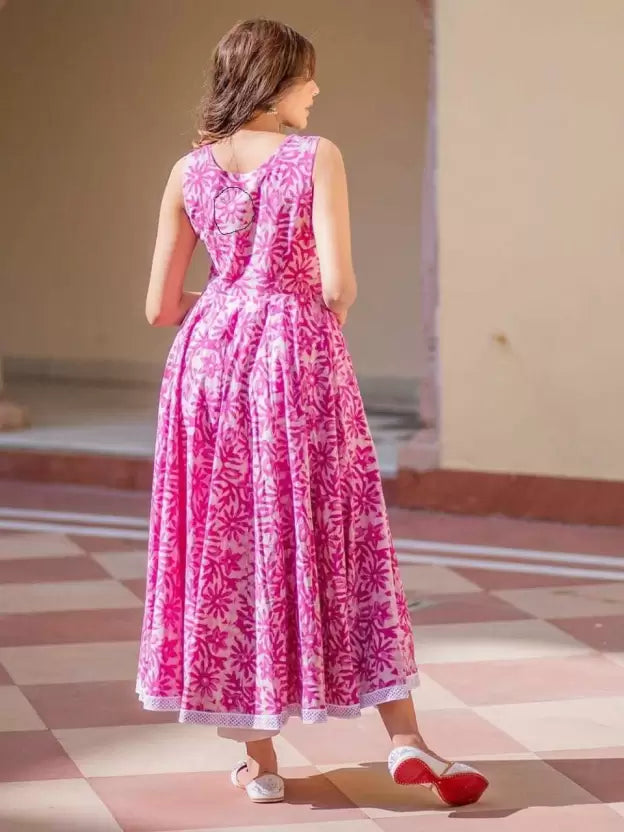 Women Floral Print Pure Cotton Anarkali Kurta With Attached Dupatta