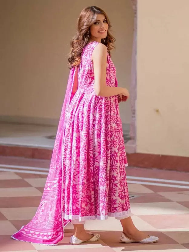 Women Floral Print Pure Cotton Anarkali Kurta With Attached Dupatta