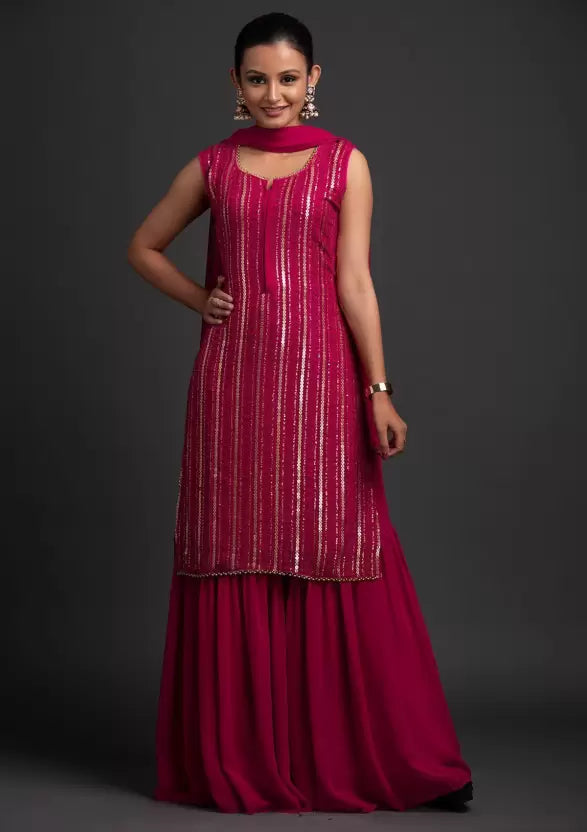 Women Georgette Burgundy Kurta Sharara Set