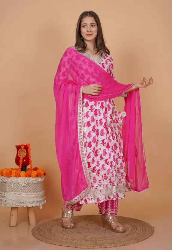 Women Gown and Dupatta Set Cotton Blend