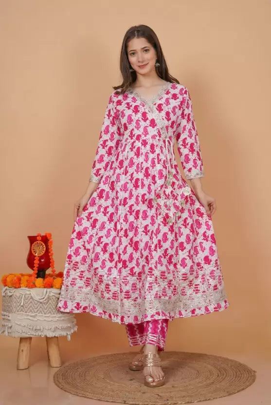 Women Gown and Dupatta Set Cotton Blend