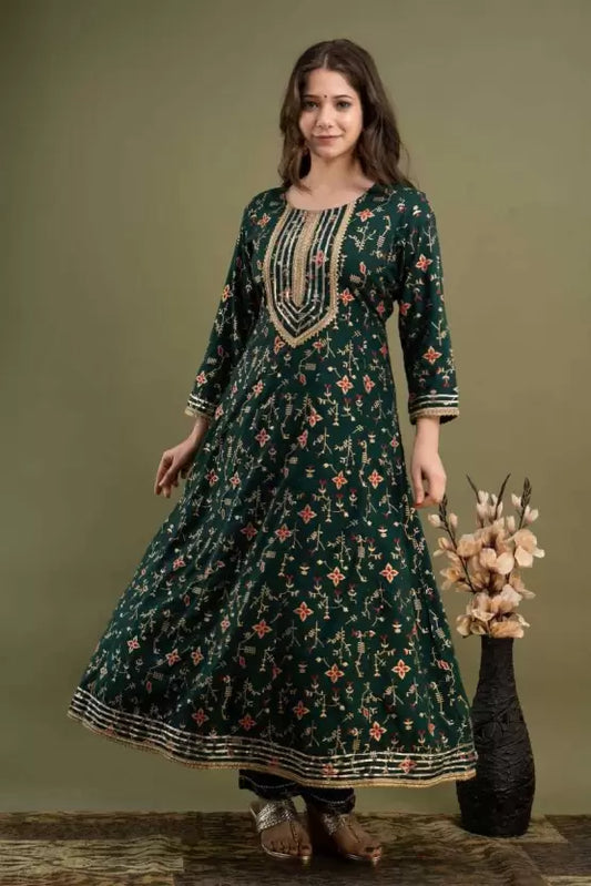 Women Green Anarkali Rayon Gold print Kurta set