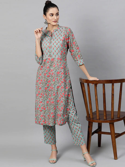 Women Green Blue Pink Printed Kurta set