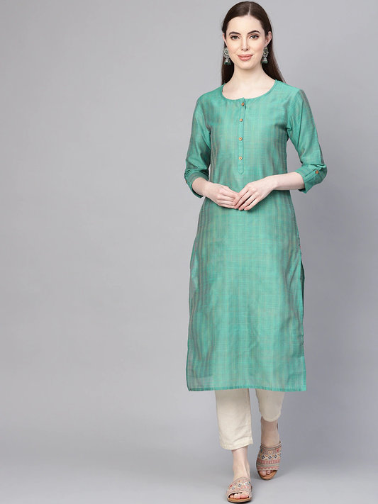 Women Green Checked Silk Straight Kurta