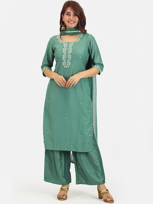 Women Green Embroidered Kurta with Palazzos & Dupatta