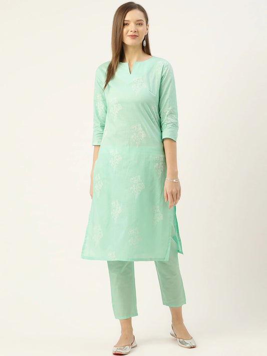Women Green Ethnic Motifs Printed Cotton Kurta Set