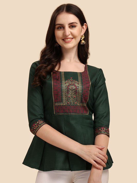 Green Print Peplum Top