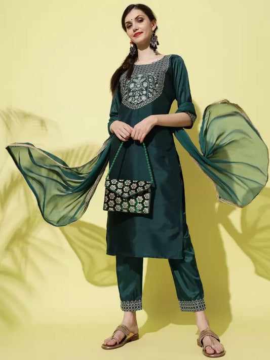 Women Green Silk Blend Kurta set