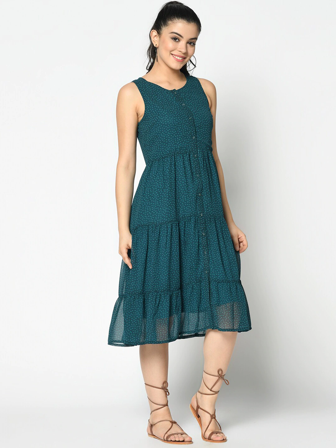 Women Green Solid Fit and Flare Dress