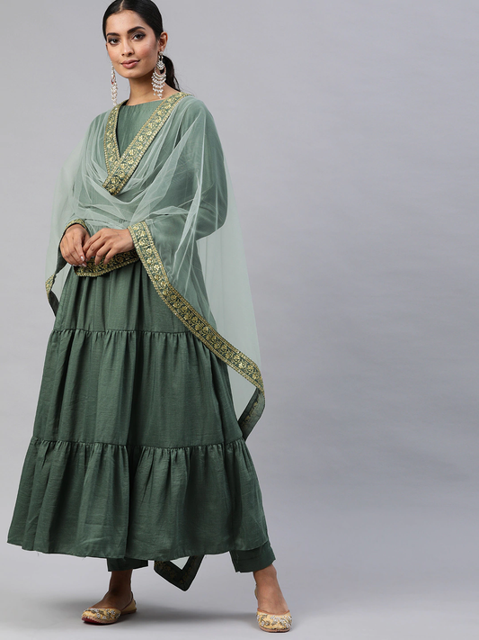 Women Green Kurta with Trousers & Dupatta