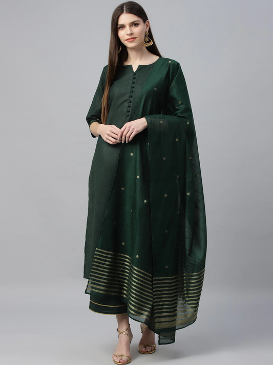 Women Green Kurta Trousers & Dupatta Set