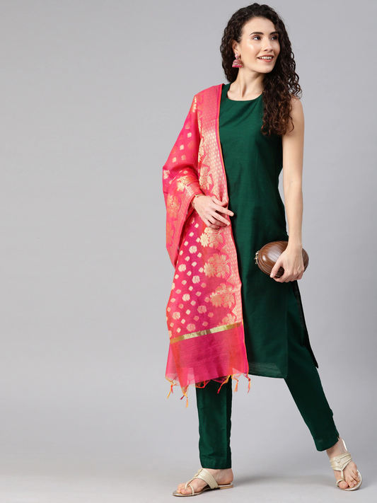 Women Green Kurta Trousers & Dupatta Set