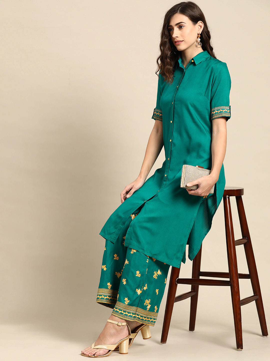 Women Green Solid Pathani Kurta Set