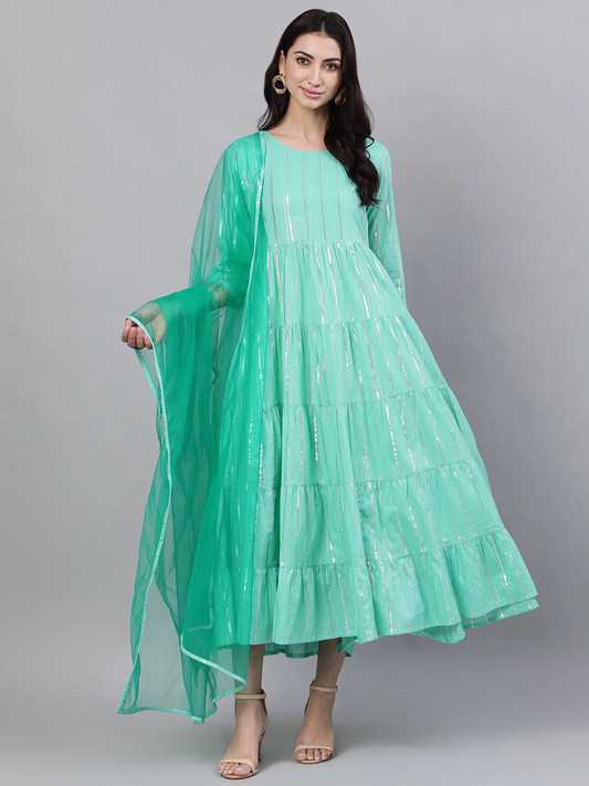 Women Green Striped Dress & Dupatta