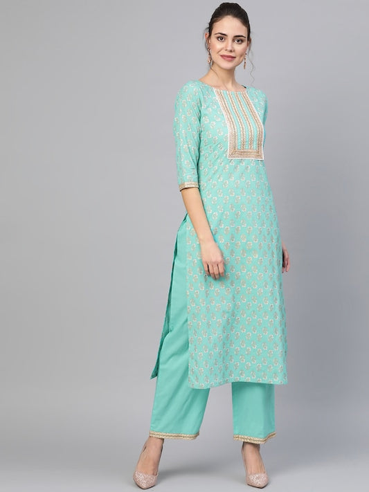 Women Sea Green Pure Cotton Kurta set
