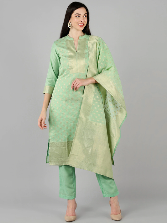 Women Green Woven Design Kurta Set