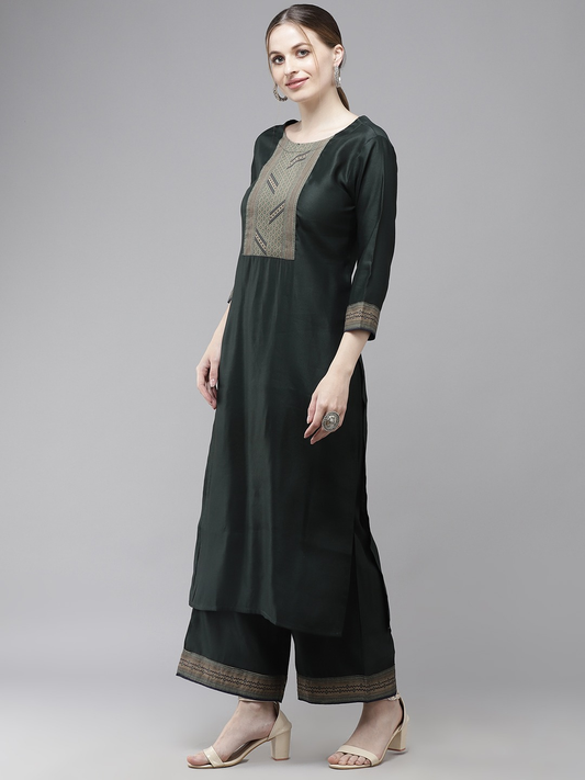 Women Green Yoke Design Kurta with Palazzos