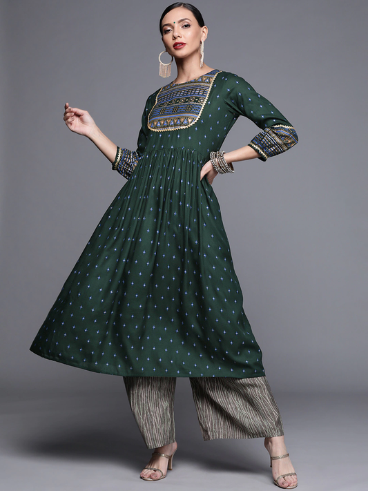 Women Green & Blue A-line Kurta