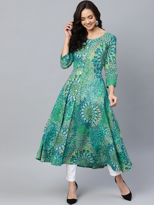 Women Green & Blue A-Line Kurta