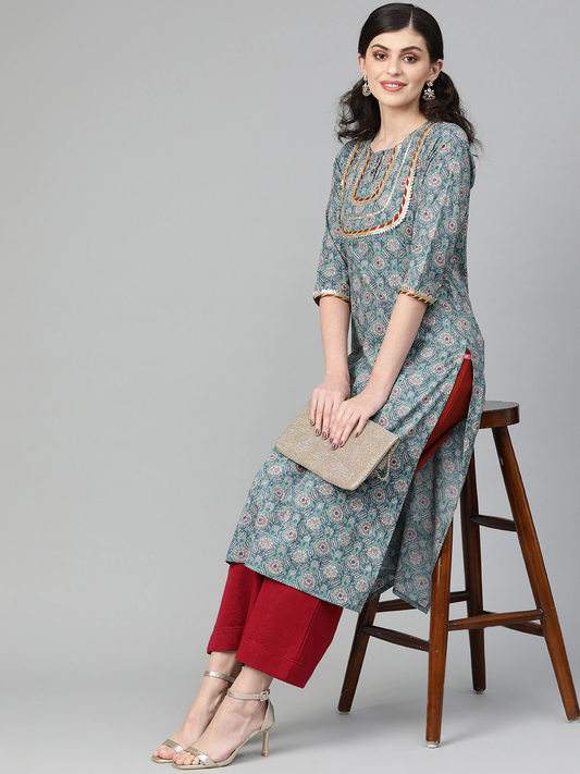 Women Green & Blue Straight Kurta