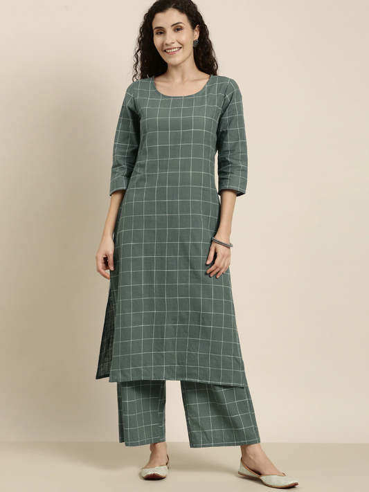 Women Green & Cream-Coloured Kurta Set