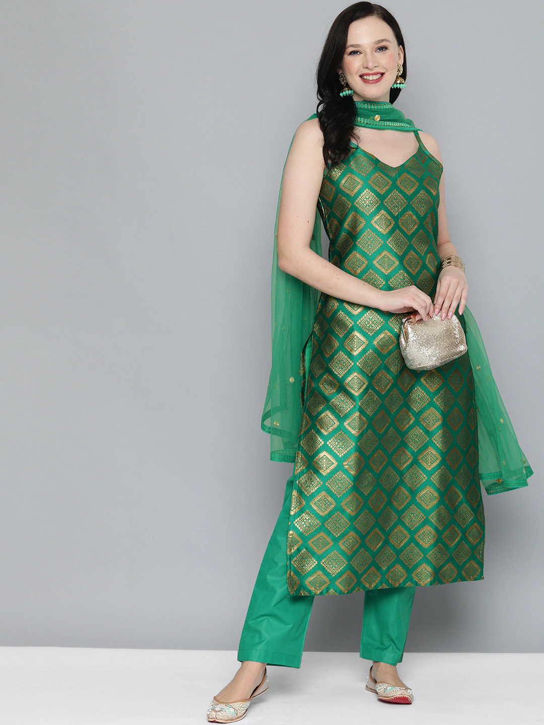 Women Green & Gold-Toned Ethnic Kurta Set