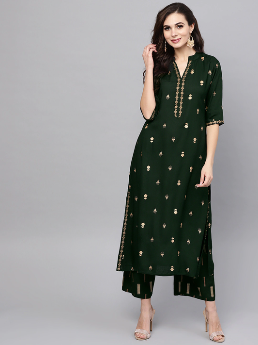 Women Green Block Print Kurta Set