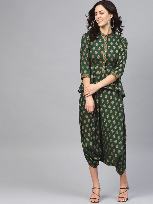 Women Green & Golden Dhoti Style Printed Basic Jumpsuit