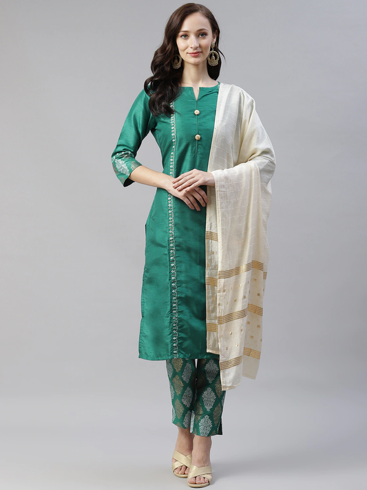 Women Green & Golden Ethnic Kurta Set