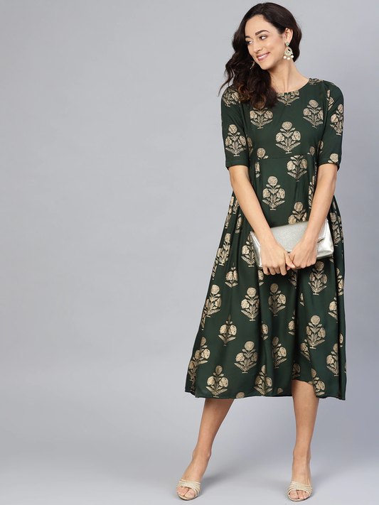 Women Green & Golden Printed A-Line Dress
