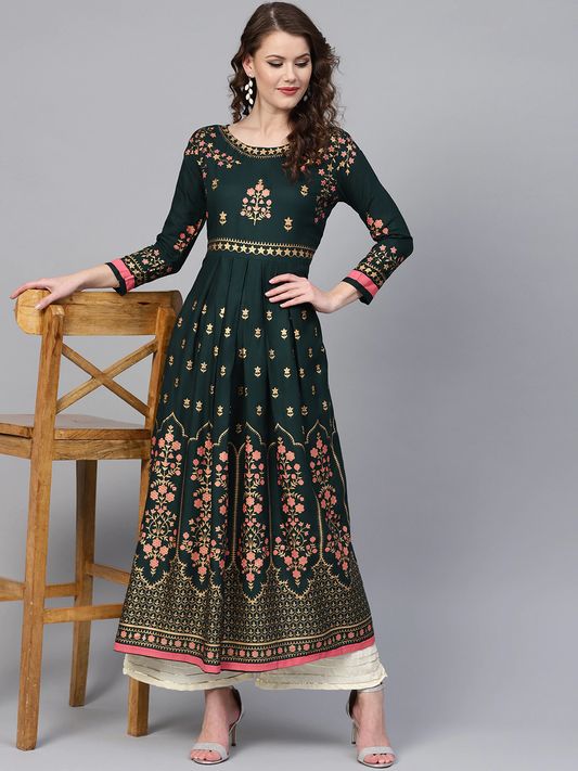 Women Green & Golden Printed A-Line Kurta