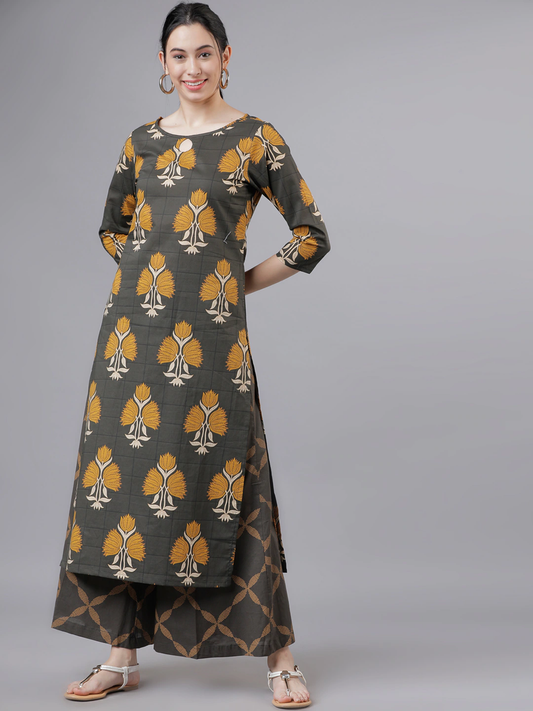 Women Green & Mustard Yellow Kurta Set