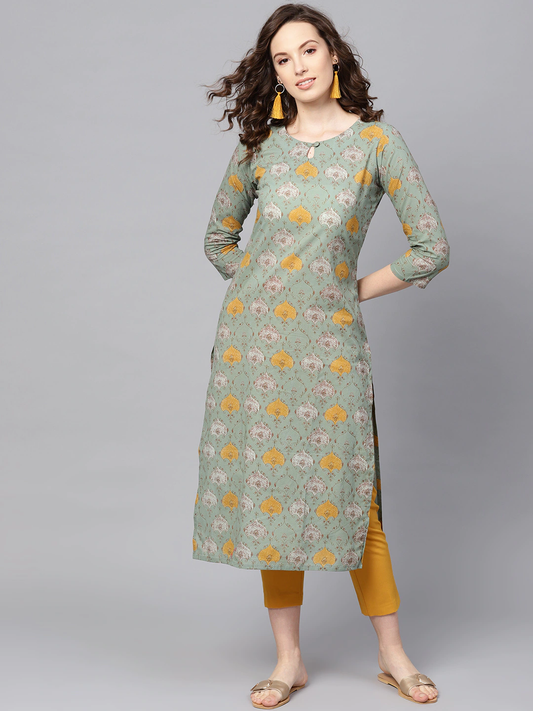 Women Green & Yellow Printed Kurta