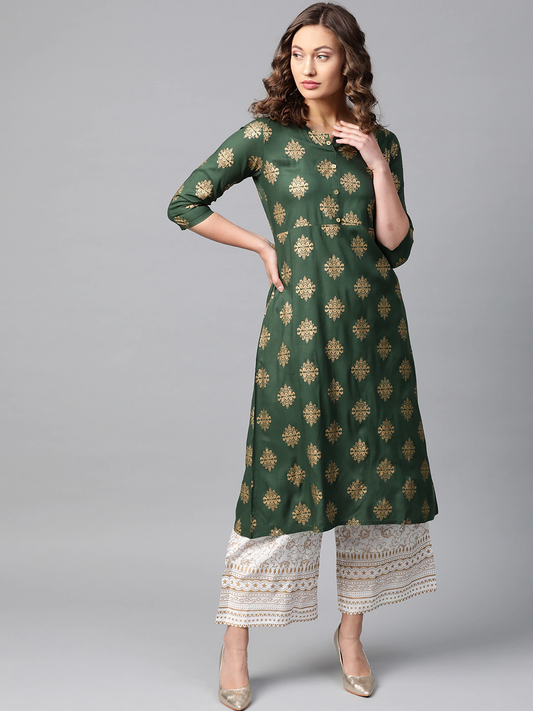 Women Green & Off-White Printed Kurta with Palazzos