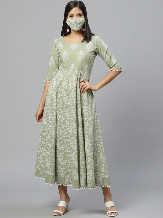 Women Green & Off-White Printed Maxi Dress