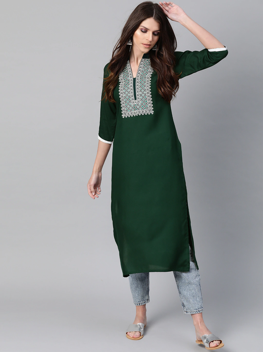 Women Green & Off-White Straight Kurta