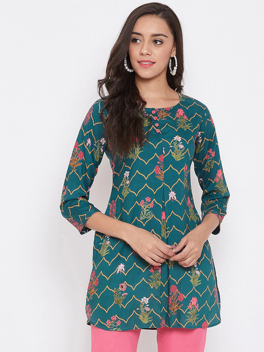 Women Green & Pink Floral Printed Kurti