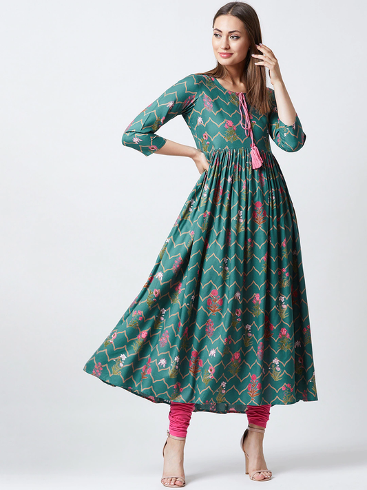 Women Green & Pink A-Line Kurta