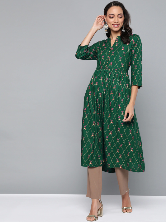 Women Green Printed A-Line Kurta