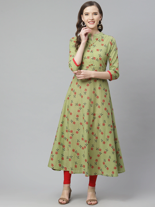 Women Green & Red Anarkali Kurta