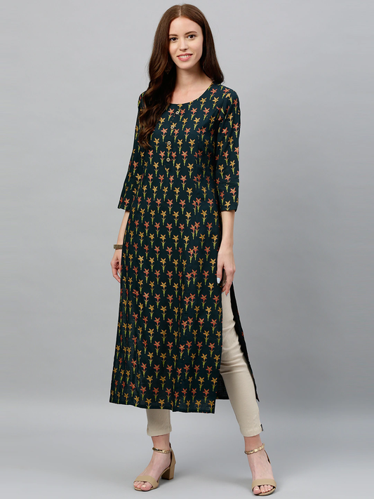 Women Green Printed Straight Kurta