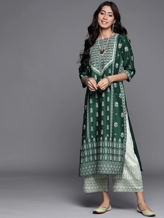 Women Green & White Chanderi Silk Kurta